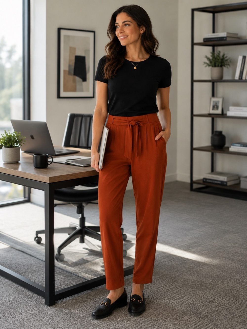 Garnet Hill Women's Easy Knit Terry Pants M Burnt Orange Belted Pleated Workwear